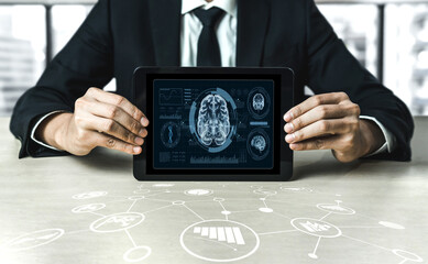 Medical science technology and futuristic healthcare virtual computer software analyze human health and diagnose disease for doctor data and medical research. brisk