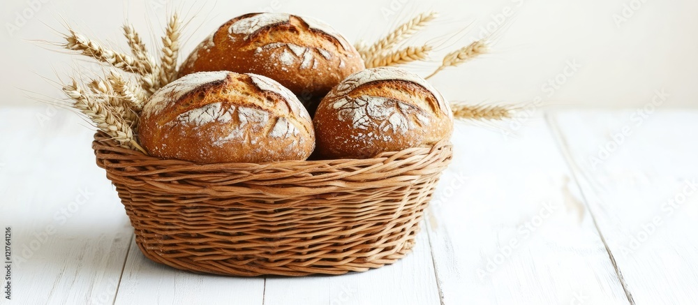 Poster freshly baked artisan bread loaves in a wicker basket with wheat stalks on a rustic white wooden tab