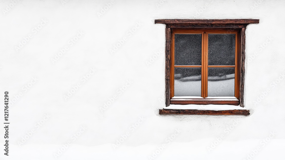 Poster snow-covered window with wooden frame on white wall and copy space for text placement.