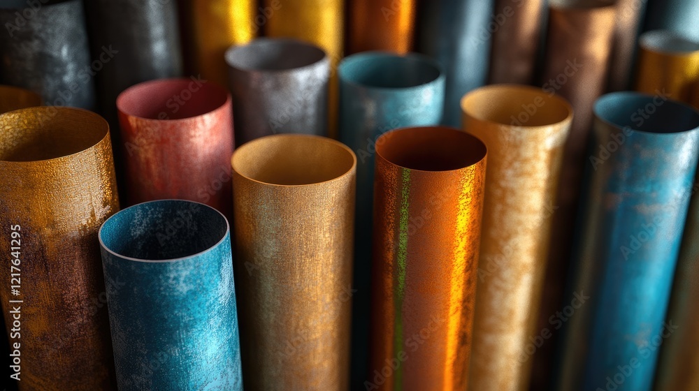 Poster colorful assortment of metallic paper tubes in various textures and sizes arranged to create an eye-