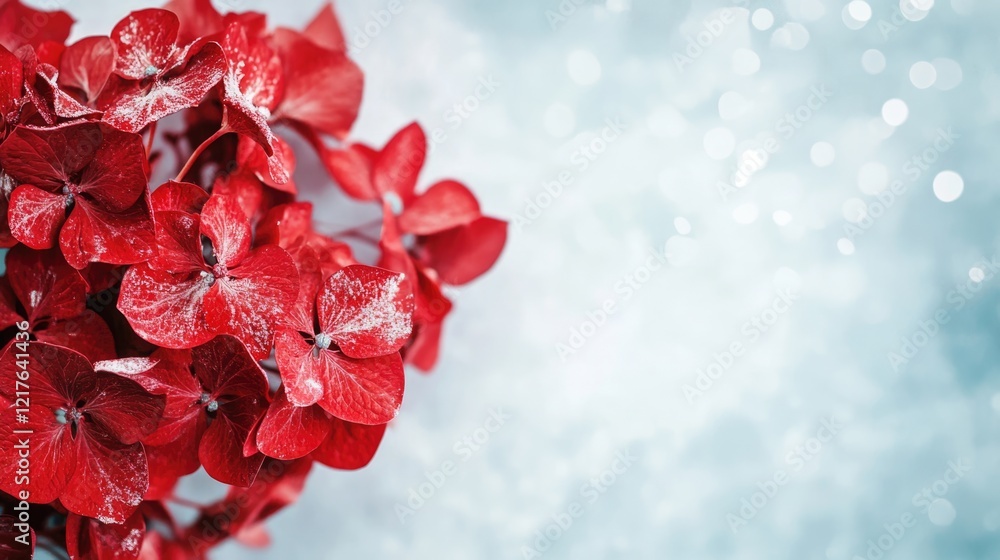 Poster close-up of vibrant red hydrangea flowers with droplets on petals against a soft blurred background 