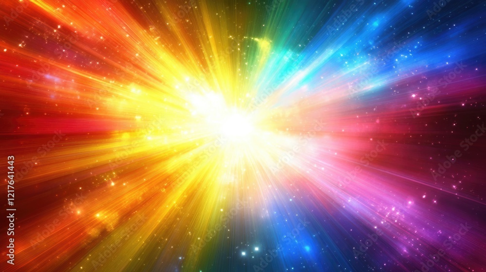 Poster colorful abstract background with light beams radiating from center in a cosmic space theme, featuri