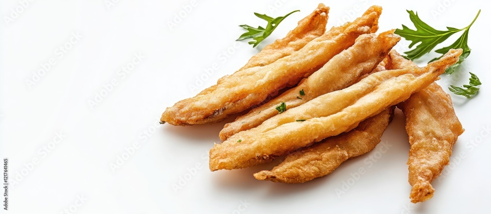Poster crispy battered fried anchovy fillet arranged on white background with ample empty space for text or
