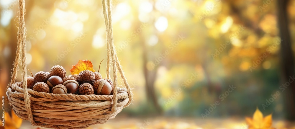 Poster autumn scene featuring a basket of acorns and foliage on a wooden swing with enchanting forest backg