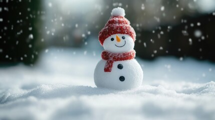 Snowman in a winter setting with snowflakes falling, copy space for text, vibrant colors, festive mood