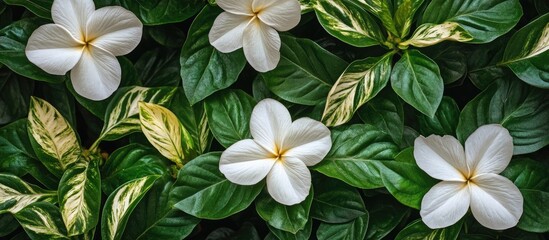 Fototapeta premium Elegant white flowers surrounded by lush green and yellow variegated leaves in a tranquil garden setting ideal for nature-themed designs