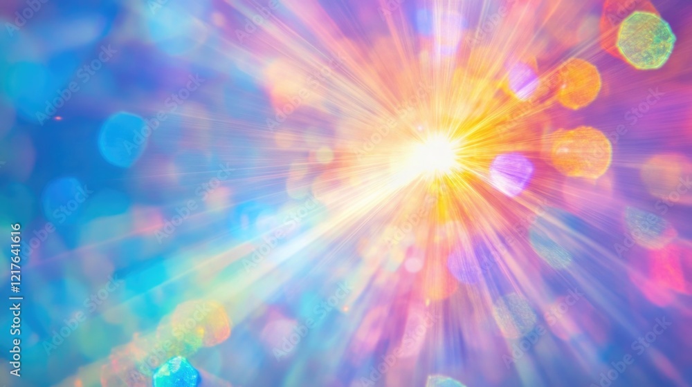 Poster abstract colorful light burst with bokeh effect radiating in multiple hues and tones copy space