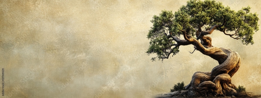 Poster lonely ancient tree with twisted trunk and lush foliage against a textured beige background with amp