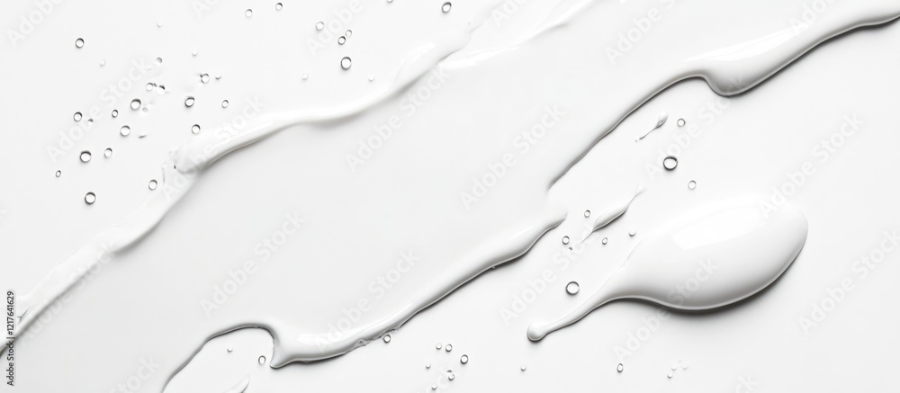 Poster white liquid splash on a smooth surface with water droplets and flow patterns copy space