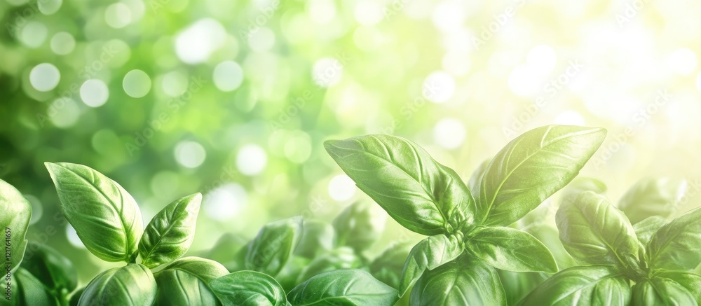 Poster basil plant growth in lush greenhouse environment with empty copyspace for text integration