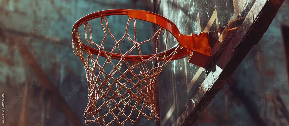 Poster basketball hoop with orange rim and net in outdoor setting close up featuring empty space for text a
