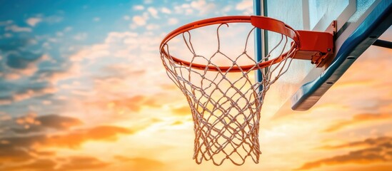 Basketball Hoop Silhouette Against Vivid Orange Sky at Twilight with Bright Blue Background and Empty Space for Your Text