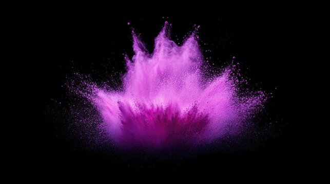 Purple powder explosion on black background with dynamic motion and ample copy space for text insertion