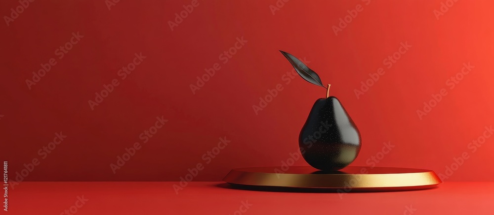 Poster black pear on golden platform in red room with natural element and empty copyspace for text