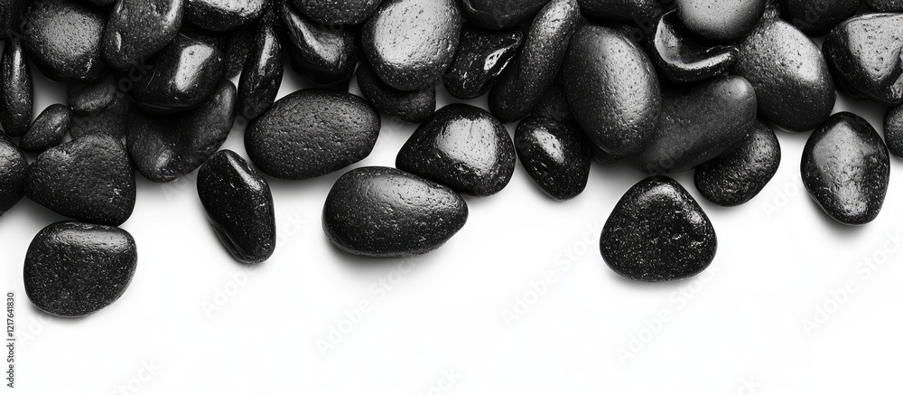 Poster black pebble stones arranged on white background creating elegant copyspace for text and design elem
