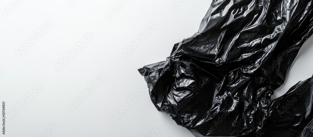 Poster black plastic garbage bag on white background with ample empty space for text or design elements sui
