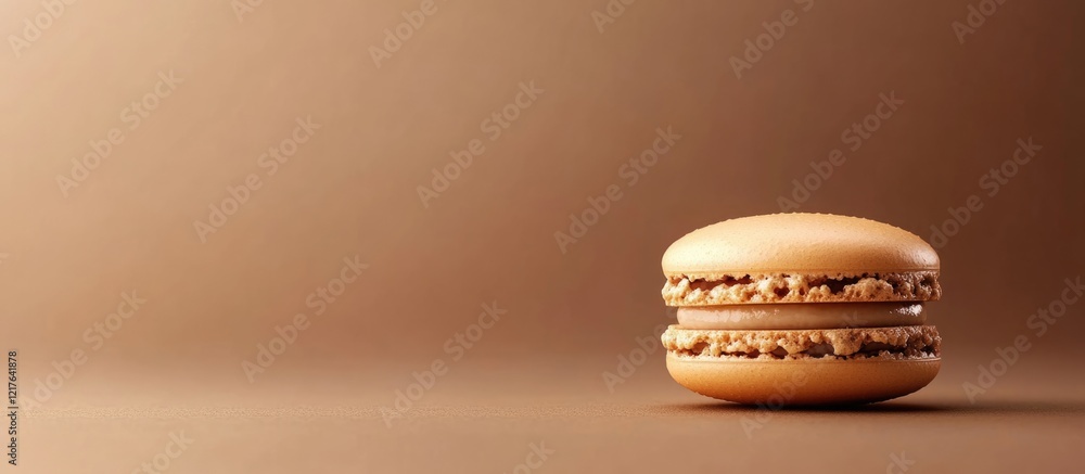 Poster elegant macaroon dessert on subtle brown background with ample space for text customizable for adver
