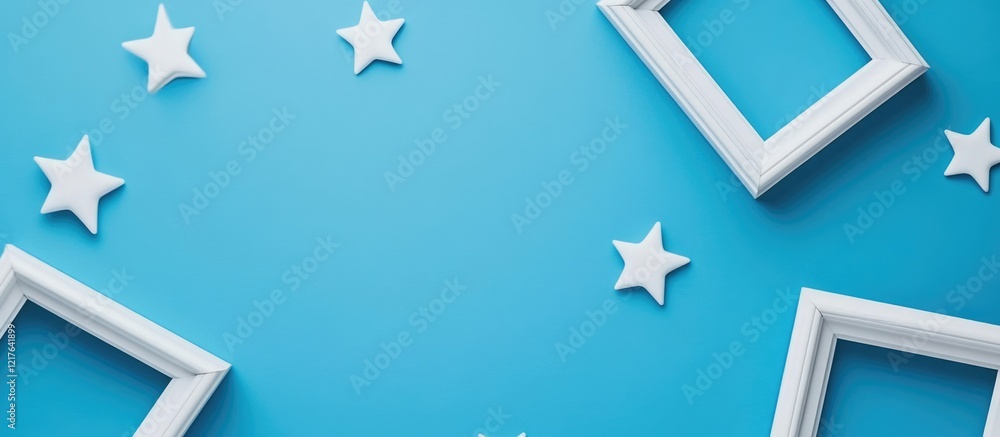 Poster blue background with white picture frames and star shapes arranged creatively with copy space for te