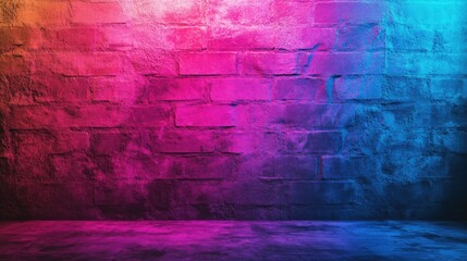 Obraz premium Colorful illuminated brick wall background with blue and pink gradient lighting and copy space for text placement