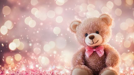 Fototapeta premium Teddy bear toy with a pink bow on a sparkling bokeh background soft focus Copy Space