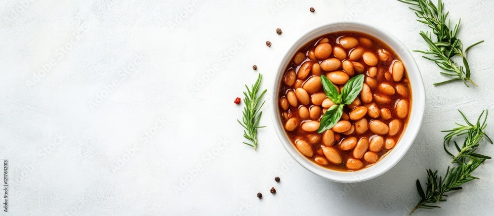 Poster bean soup in a white bowl garnished with herbs on a light background with empty space for customizab