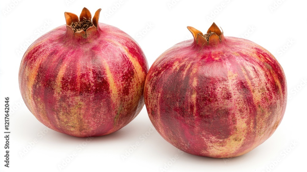 Poster red pomegranates with textured skin placed on a white background with copy space for text insertion
