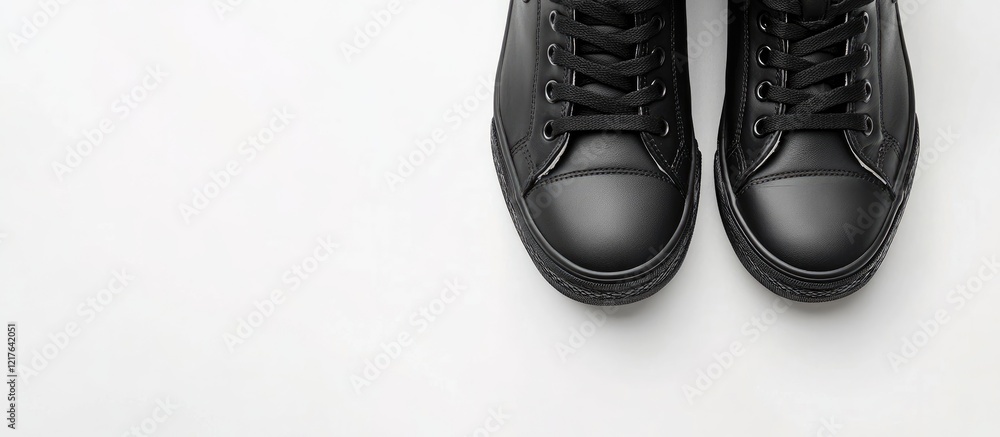 Poster black sneakers on a white background with ample copyspace for text creating a clean and minimalistic
