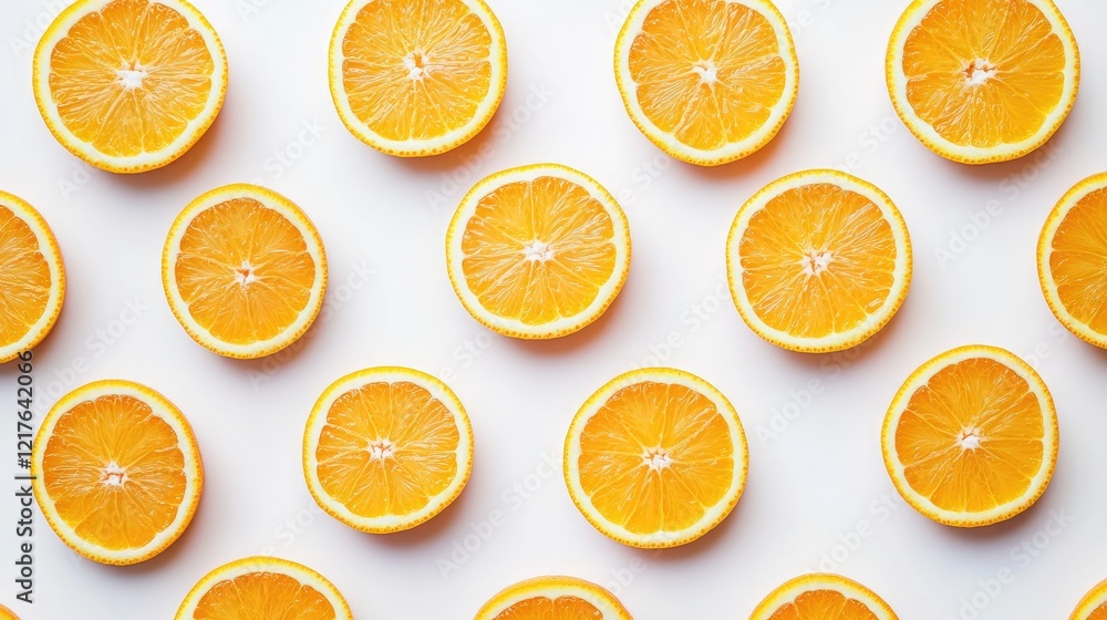Poster pattern of fresh orange fruit slices arranged on a white background with copy space for text placeme