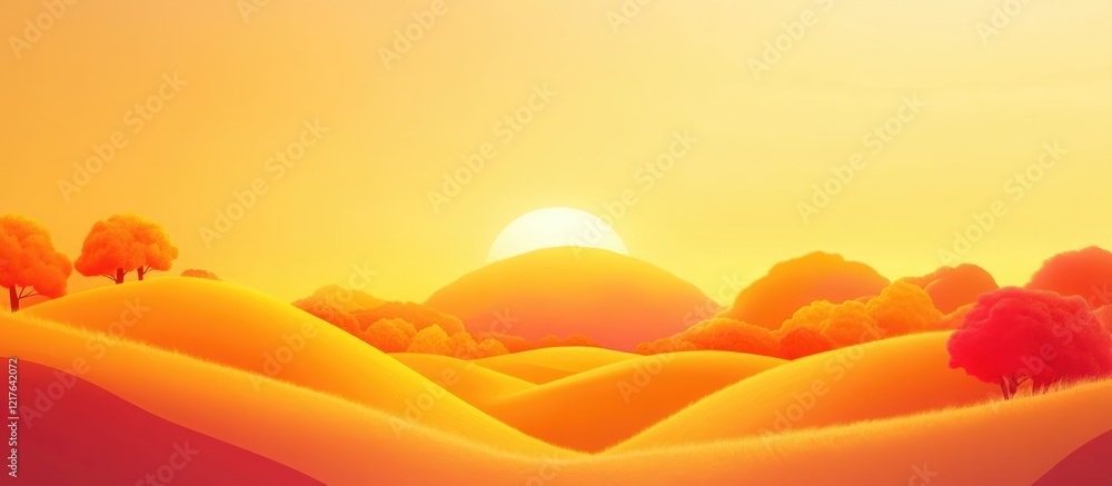 Poster vibrant sunrise over rolling hills and trees creating an inspiring atmosphere with ample copy space 
