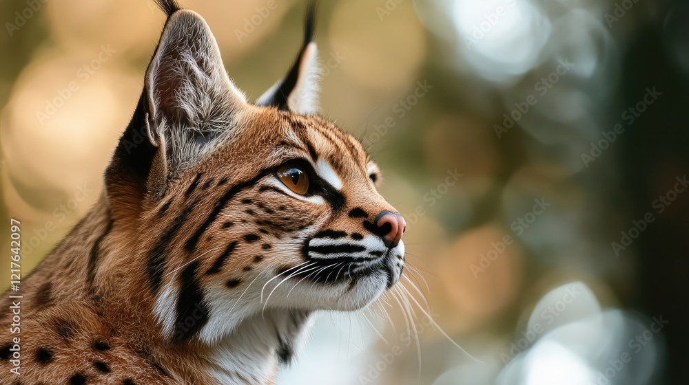 Poster european lynx profile in natural habitat with soft bokeh background and copy space for text