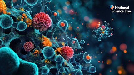 National Science Day. Mars exploration rover discovering alien microorganism, red planetary landscape, detailed scientific illustration