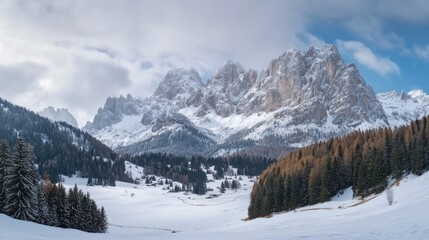 Fototapeta premium Panoramic view of snow-covered mountains and forests in the Dolomites during winter with Copy Space for text placement.