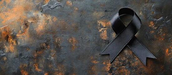 Black Ribbon Symbolizing Mourning and Cancer Awareness with Empty Space for Text on Textured Background