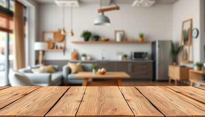 Empty wooden table top with a blurred living room interior background for product display, presentation, or design of a coffee shop, home, and kitchen show concept, 8k