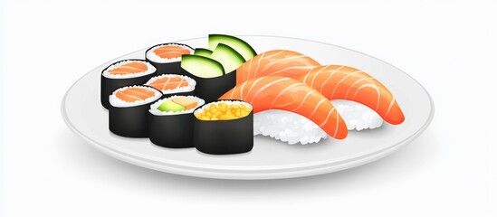 Sushi platter featuring assorted rolls and salmon sashimi on a white plate with copy space for text.