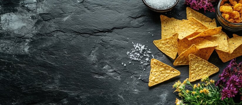 Black stones sea salt tortilla chips with colorful flowers on dark background ideal for food related advertisements and copyspace for text