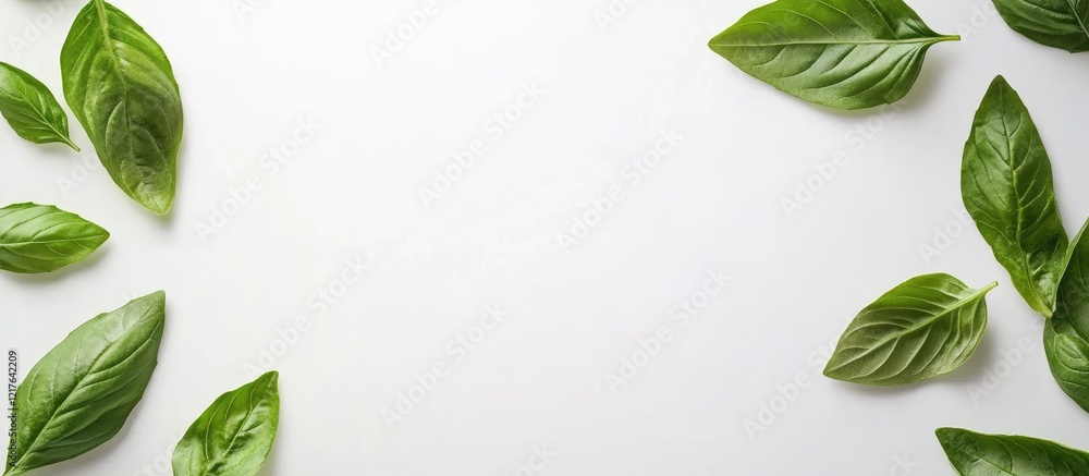 Poster fresh basil leaves arranged on a white background with ample empty space for text and design element