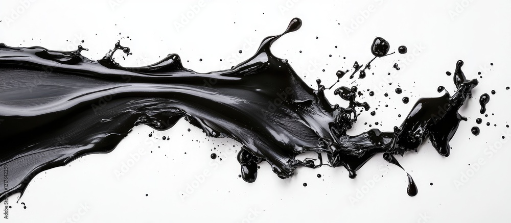 Poster black paint splash with dynamic flow and droplets on a white background ideal for creative design an