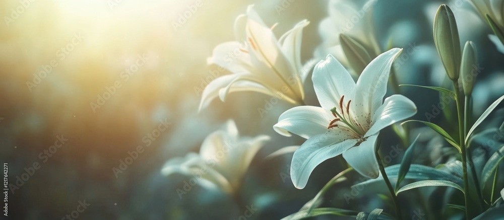 Poster close-up of white lilies in soft sunlight with blurred background and copy space for text.