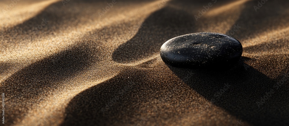 Poster black pebble stones on sandy beach with soft light and copyspace for text in natural tranquil settin