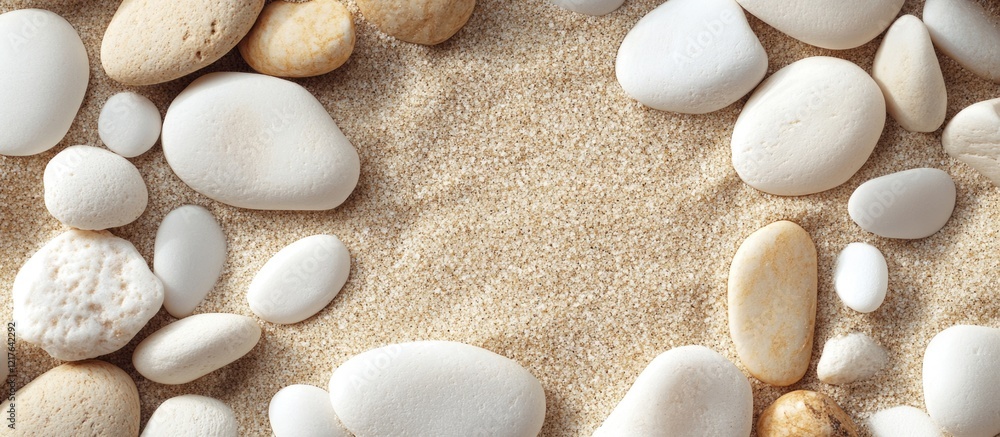 Poster beach themed backdrop featuring smooth white pebbles resting on soft sand with ample space for text 