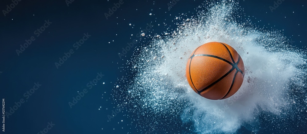 Poster dynamic explosion of basketball with vibrant powder on blue background showcasing colorful smoke and