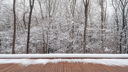 Naklejka premium Snow-covered trees in winter landscape with wooden deck in foreground and copy space for text.