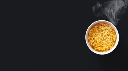 Bowl of steaming instant noodles on a black background with copy space for text