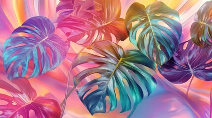 Colorful tropical leaves with vibrant hues and smooth textures on a soft gradient background with Copy Space for text placement.