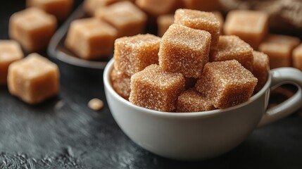 Brown sugar cubes in white ceramic cup on dark table with additional cubes in the background Copy Space