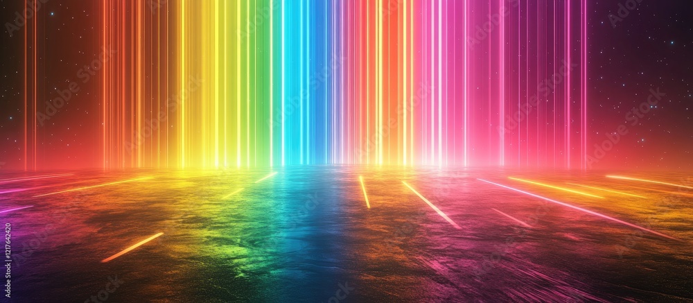 Poster vibrant neon spectrum lines reflecting on water in a colorful abstract metaverse landscape with spac
