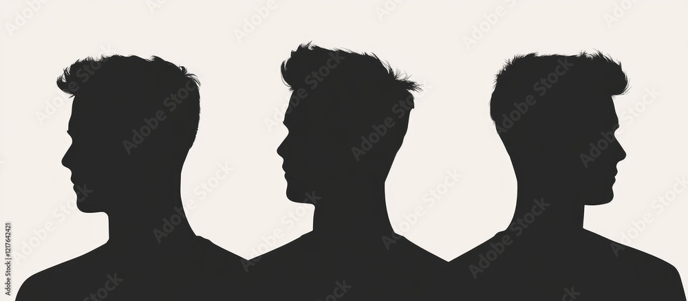 Poster silhouettes of three men in profile with copyspace for text on neutral background ideal for creative