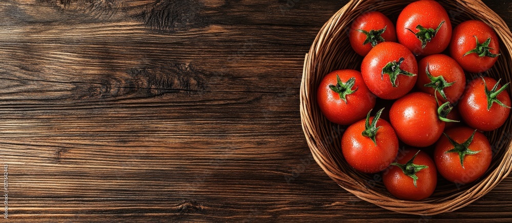 Poster fresh ripe tomatoes in a wicker basket on a rustic wooden table with ample space for text or design 