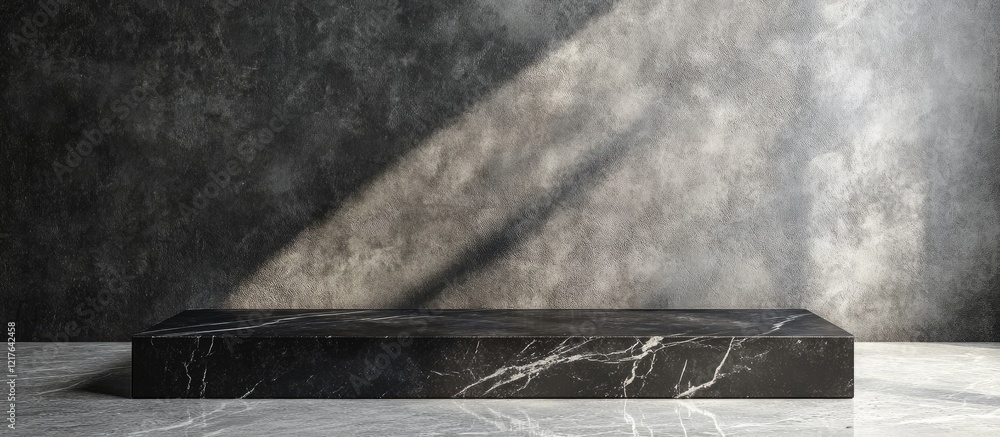 Poster black stone pedestal on marble floor for artistic display with ample copyspace for text and graphic 